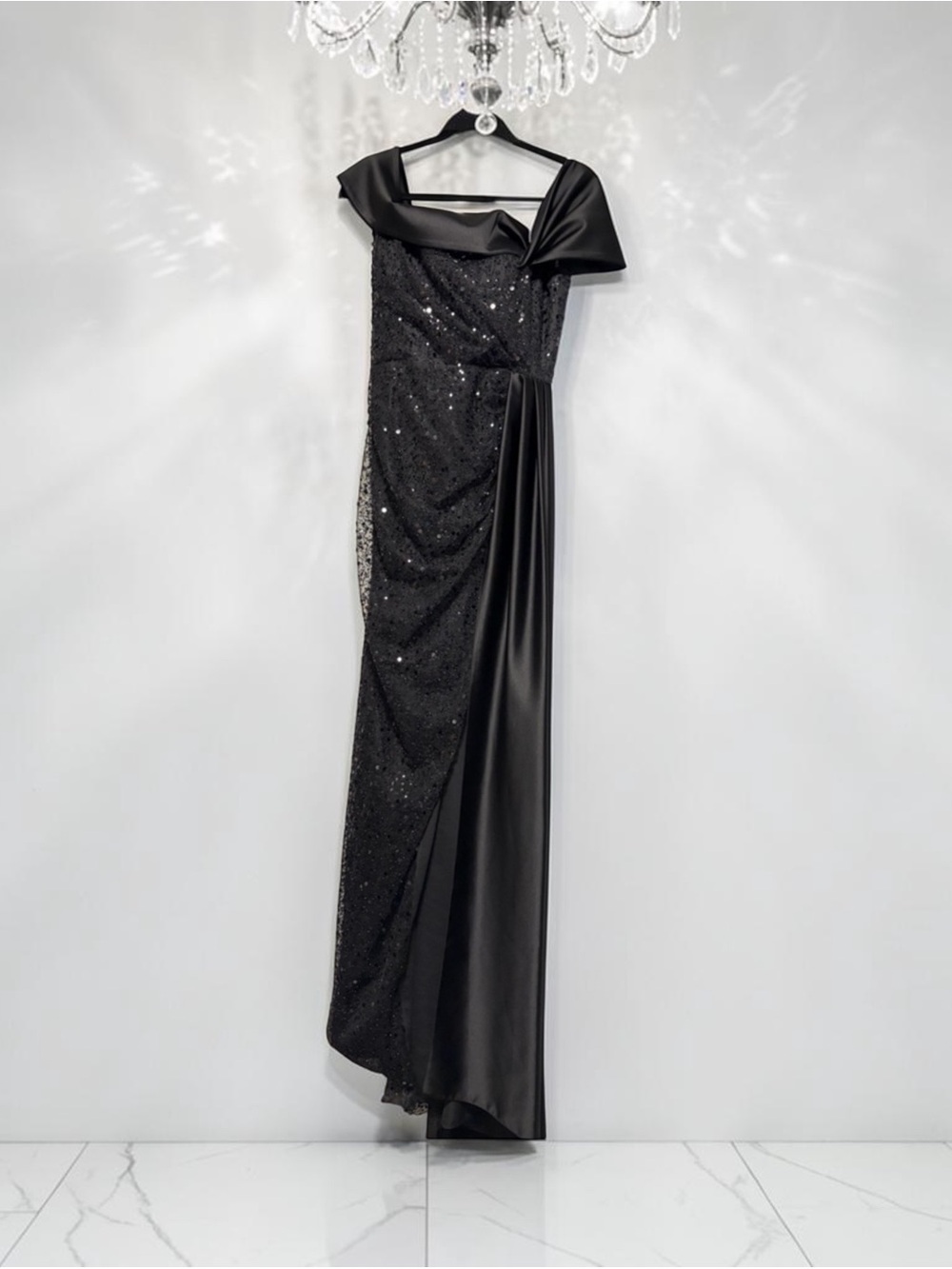 Black Sequin One-Shoulder Evening Gown